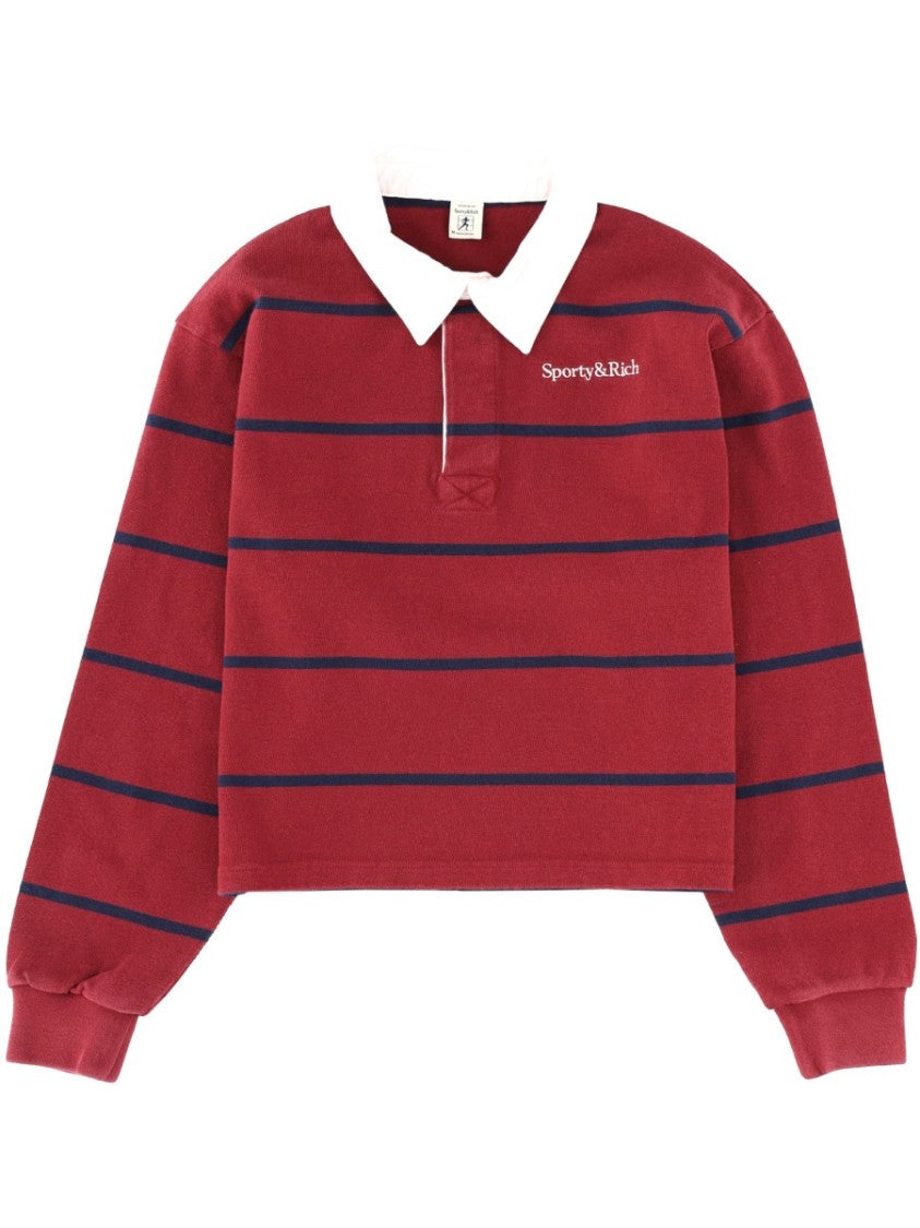 Sporty And Rich Red Cotton Striped Cropped Polo Shirt