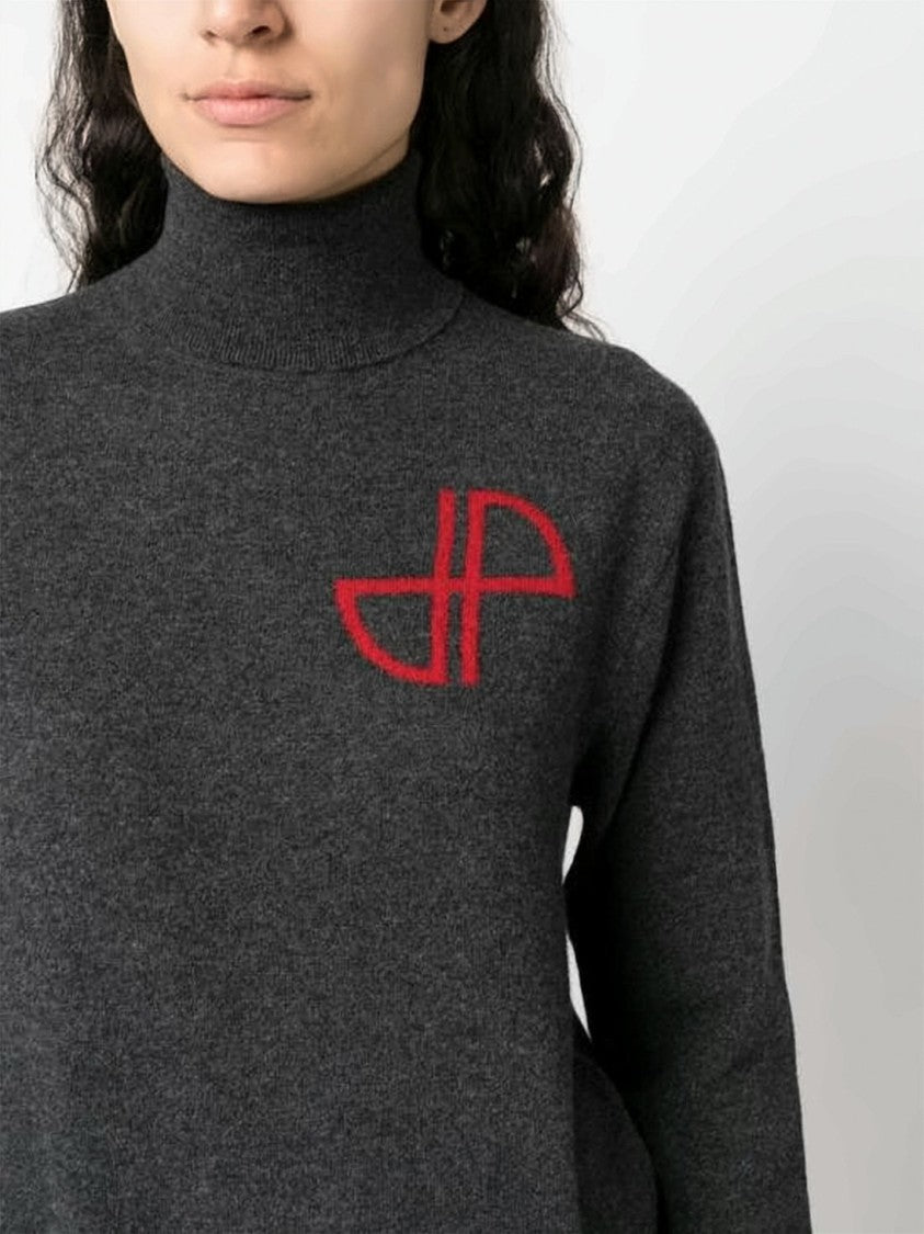 Patou Charcoal Grey Cashmere-Wool Blend Turtleneck Sweater With Burgundy Accents