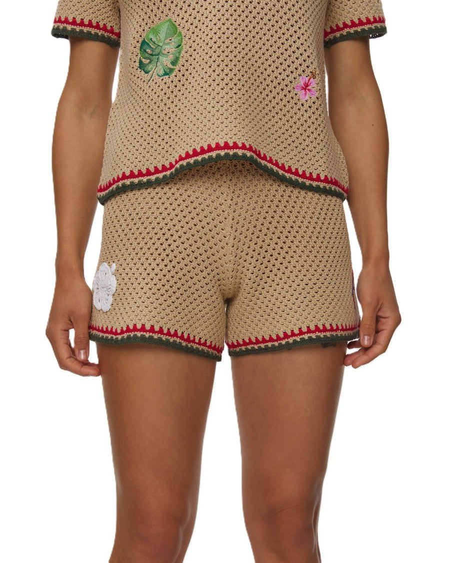 Mc2 Saint Barth Beige Crochet Knit Set With Floral Embroidery
