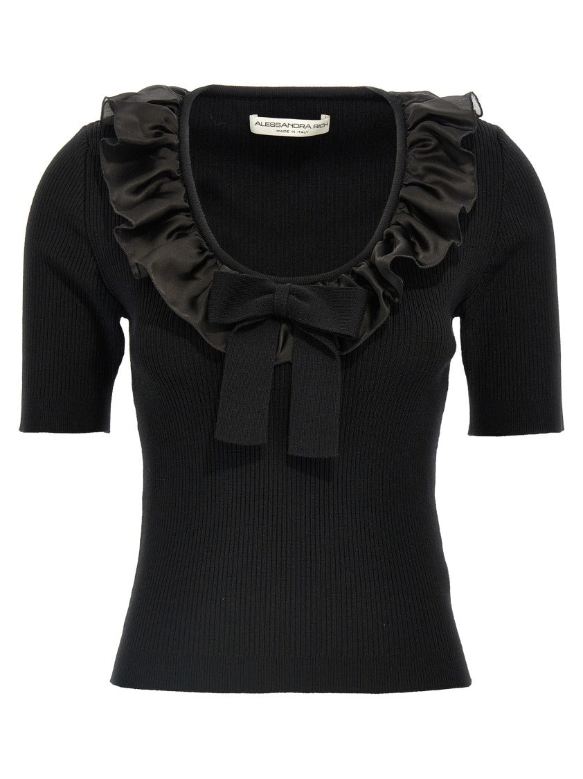 Alessandra Rich Ruffled Round Neck T-Shirt With Maxi Bow Detail