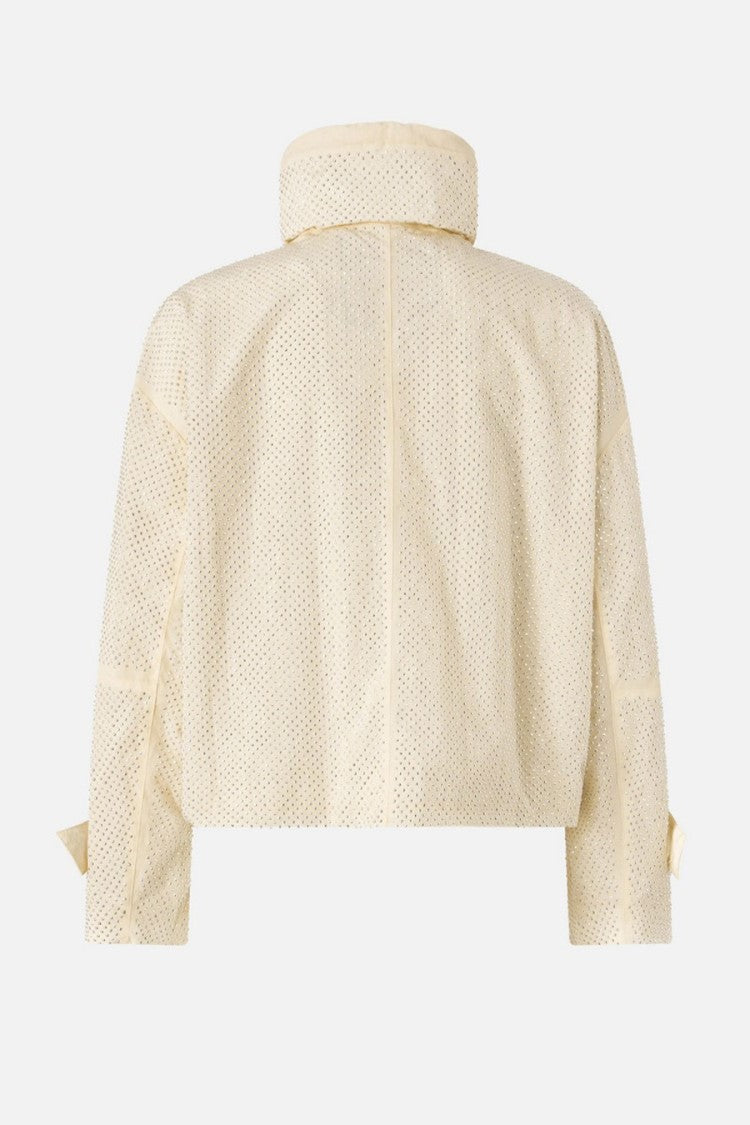Pinko White Perforated Rhinestone Funnel Neck Nylon Jacket