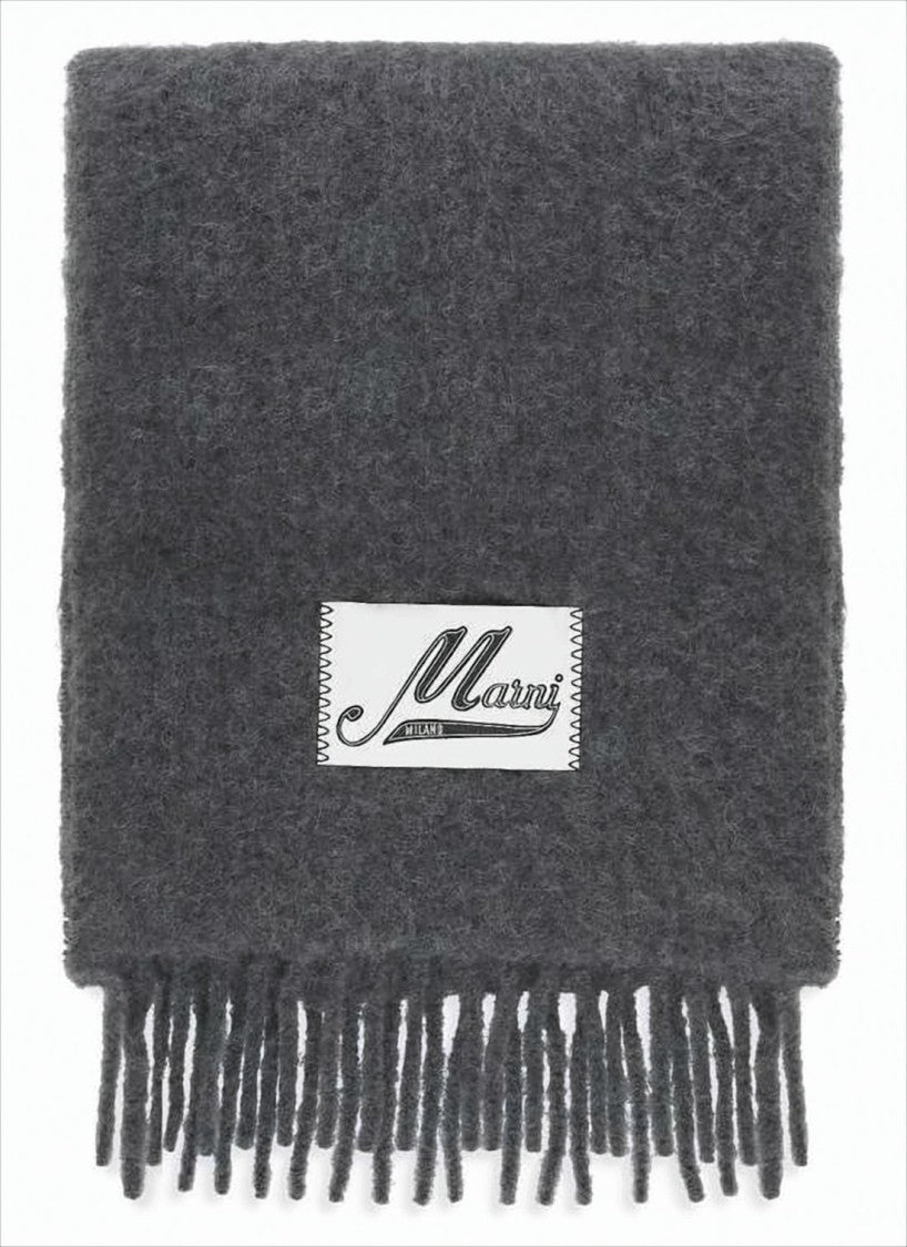 Marni Textured Deep Charcoal Grey Scarf With Fringed Ends And Signature Patch