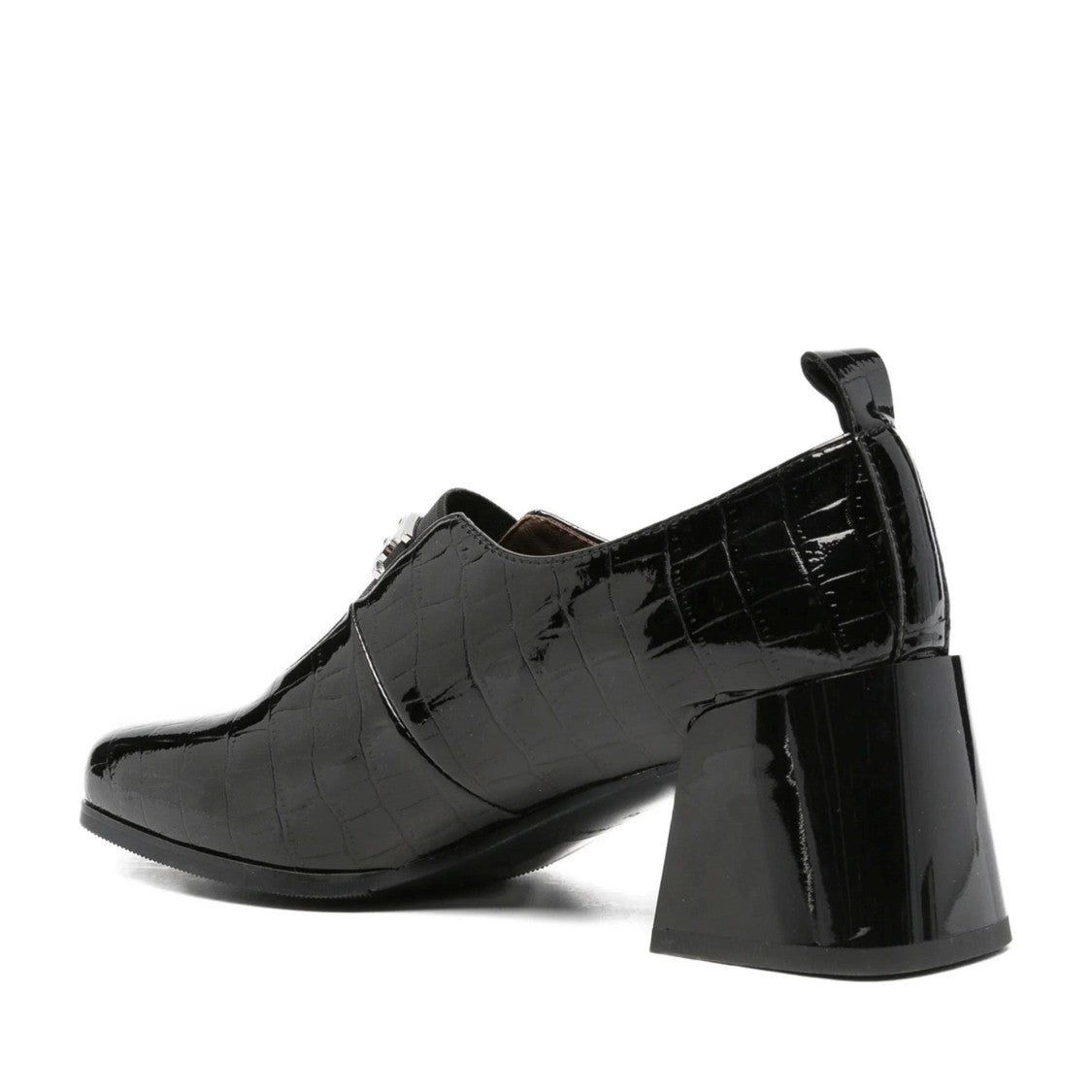 Linda Baumann Black Crocodile Texture Metallic Detail Patent Leather Dress Pumps