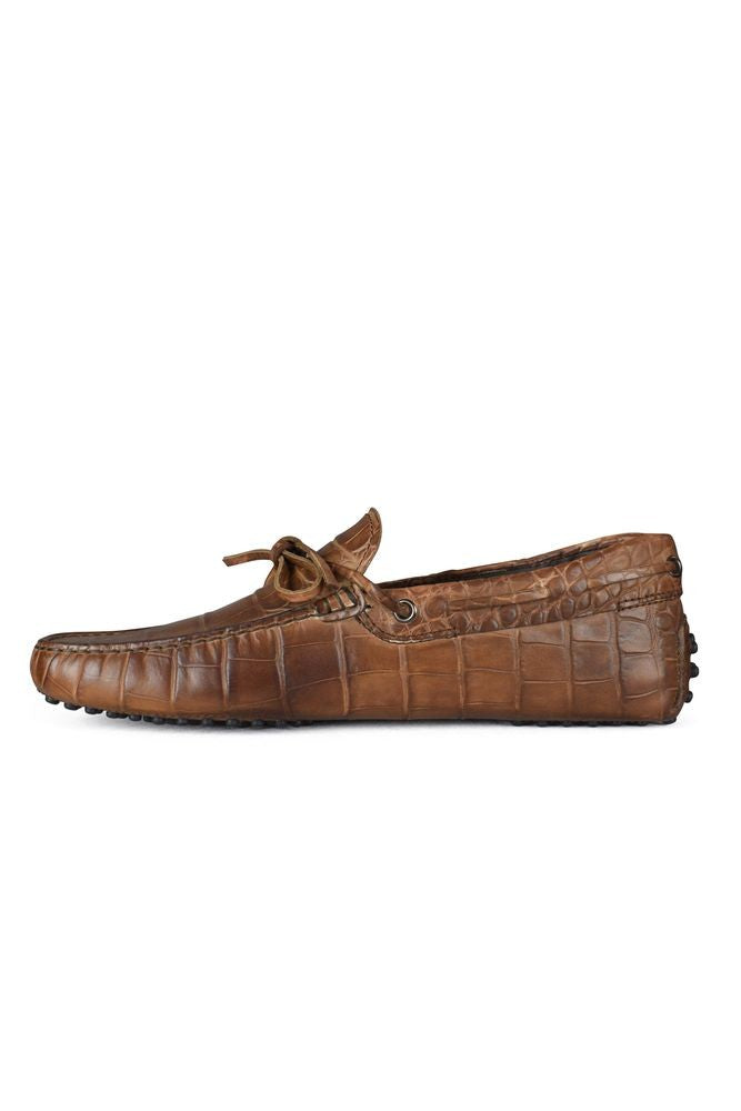 Tod's Crocodile-Effect Brown Leather Loafers