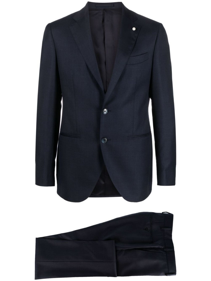 Luigi Bianchi Navy Blue Virgin Wool Tailored Suit With Brooch Detail