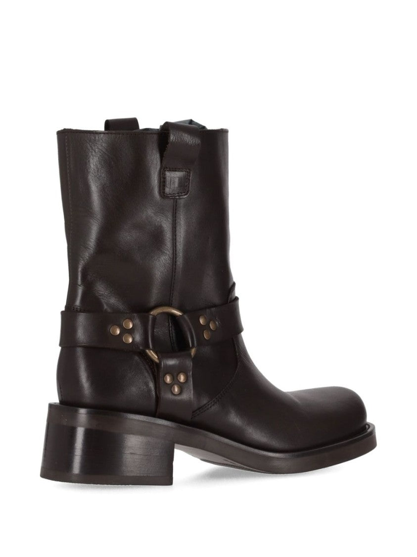 Parosh Mid-Calf Brown Leather Boots With Block Heel And Side Zipper