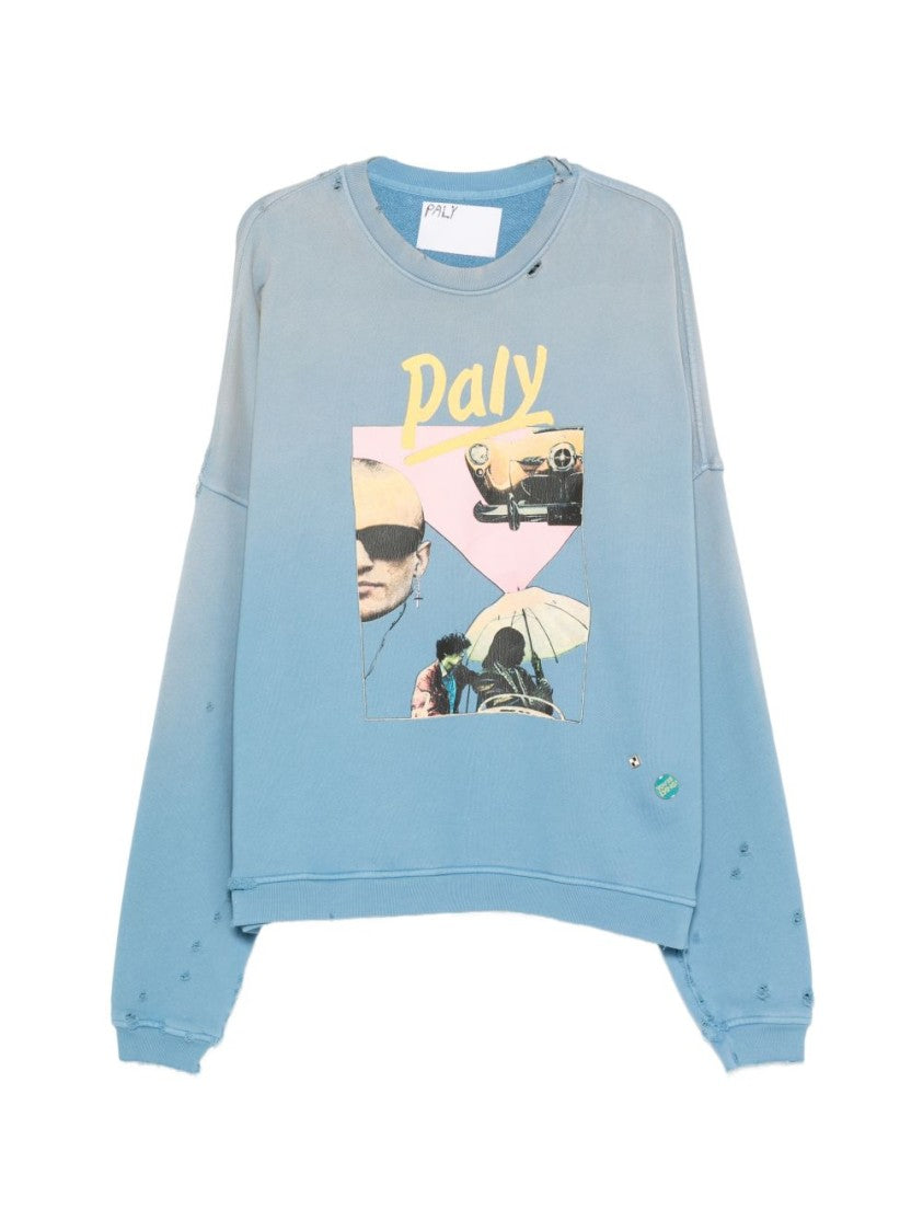 Paly Gradient Blue Graphic Print Sweater With Distressed Details