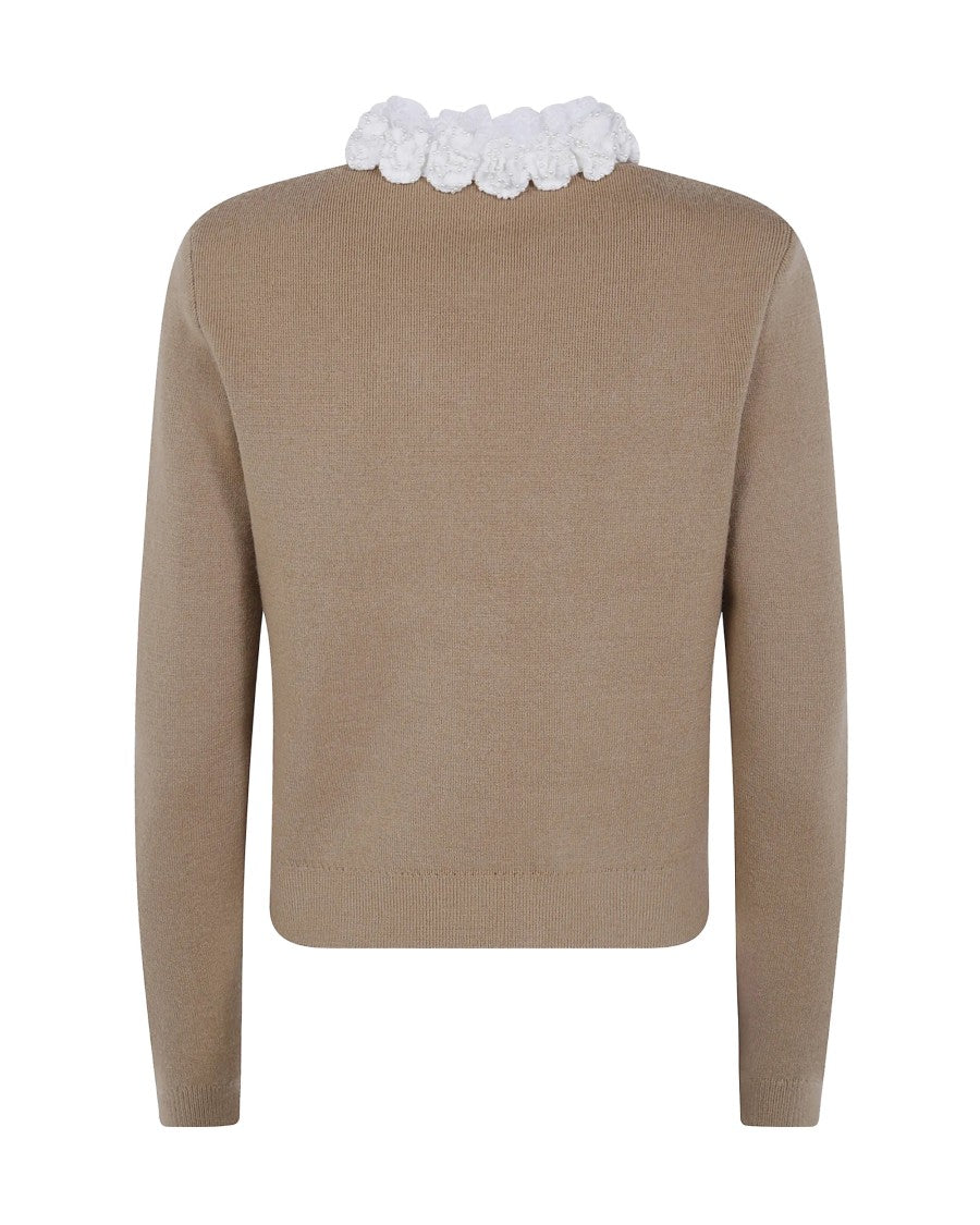 Self-Portrait Brown Lace-Trimmed Wool-Blend Cardigan