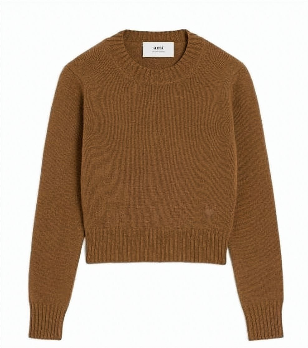 Ami Paris Cropped Brown Cashmere Blend Sweater With Heart Detail