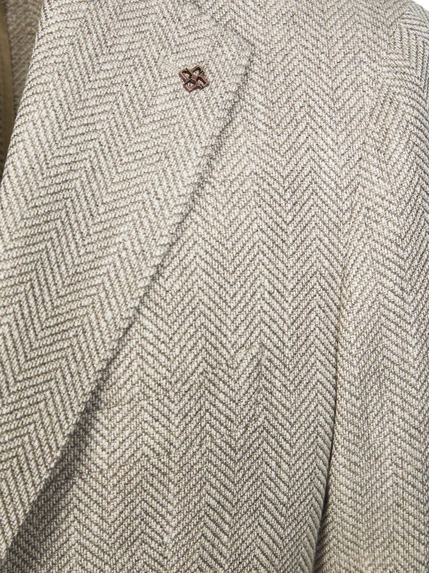 Tagliatore Light Neutral Herringbone Wool-Blend Blazer