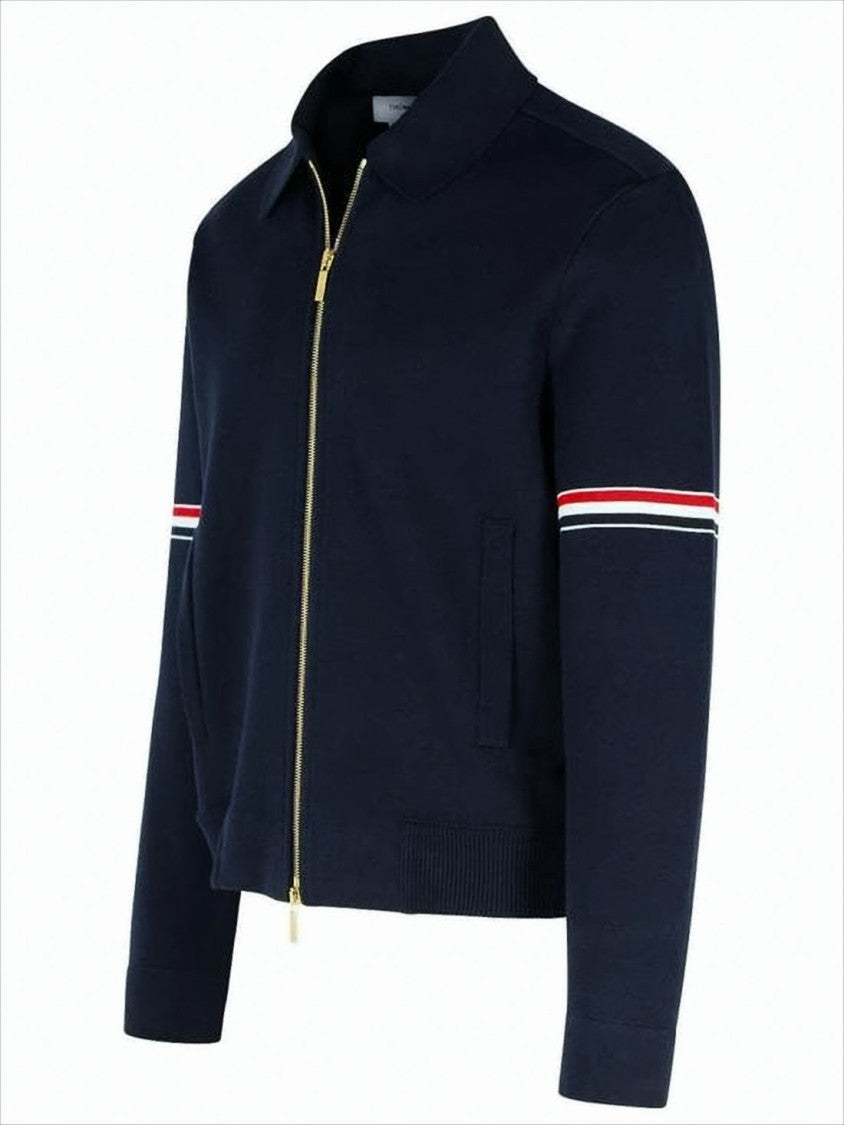 Thom Browne Navy Zip-Up Jacket With Striped Arm Bands And Gold Hardware