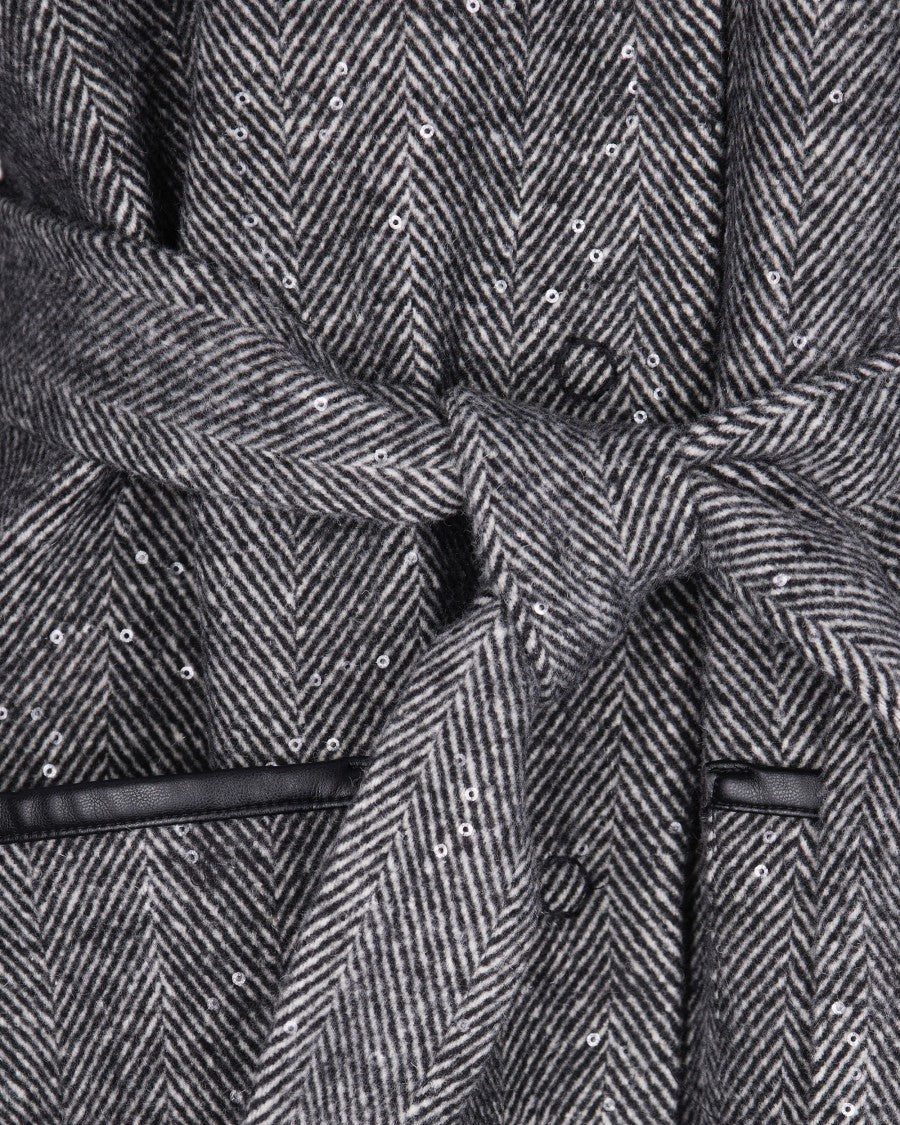 Liu Jo Herringbone Pattern Coat With Sequin Embellishments And Belted Waist