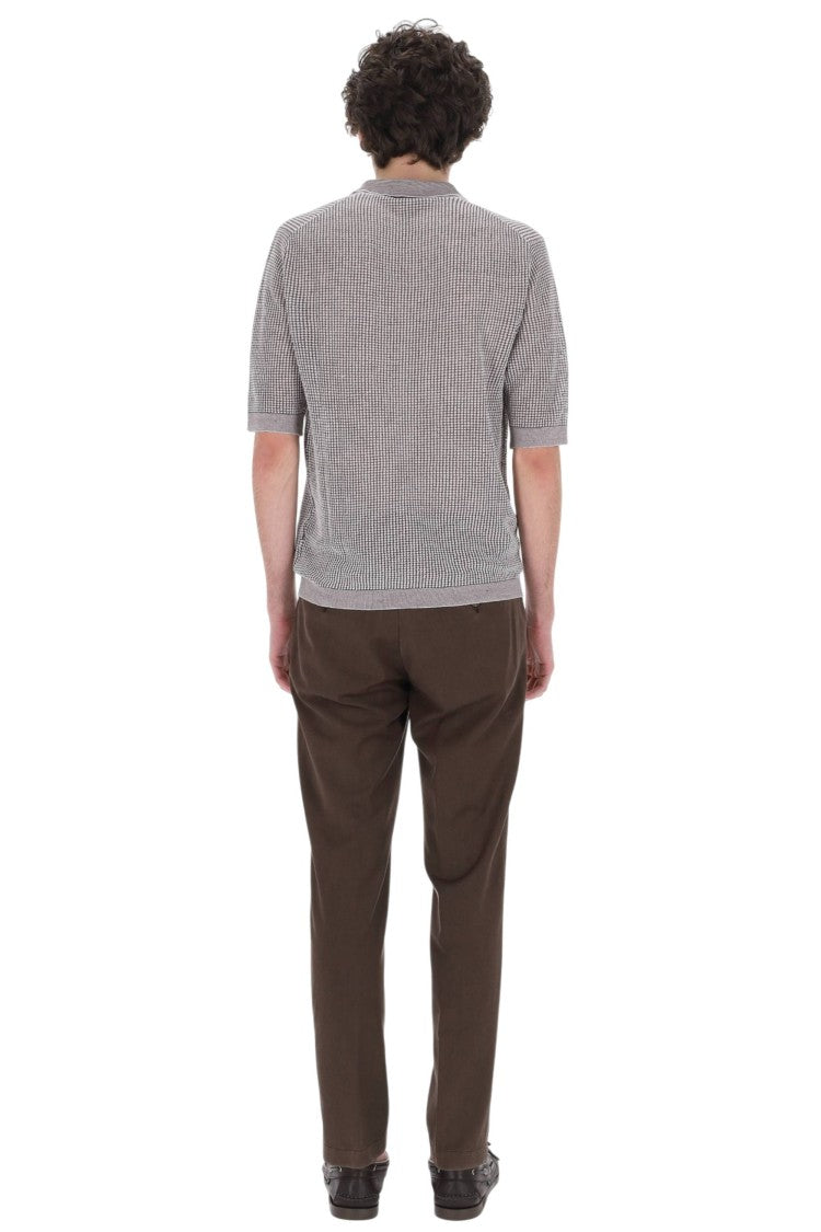 Ballantyne White Brown Textured Cotton-Linen Polo Shirt