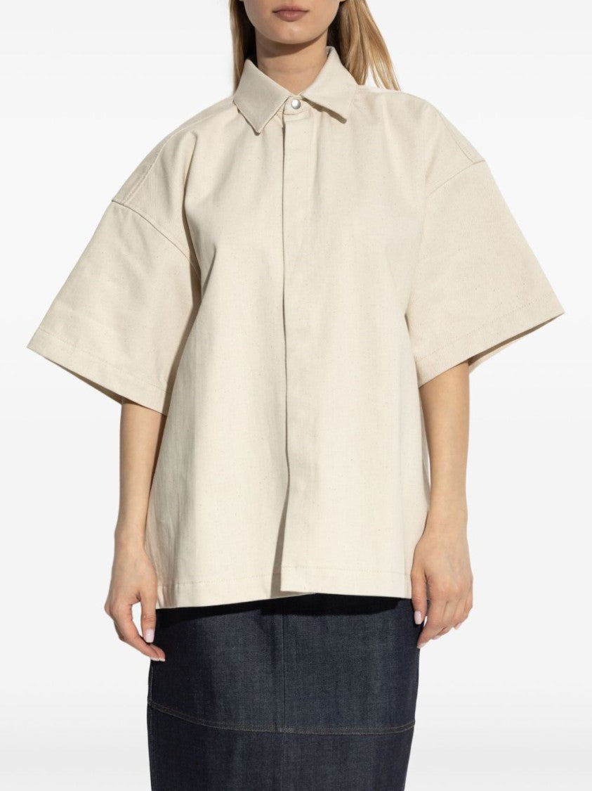 Jil Sander Relaxed Fit Beige Shirt With Logo Patch And Button Fastening