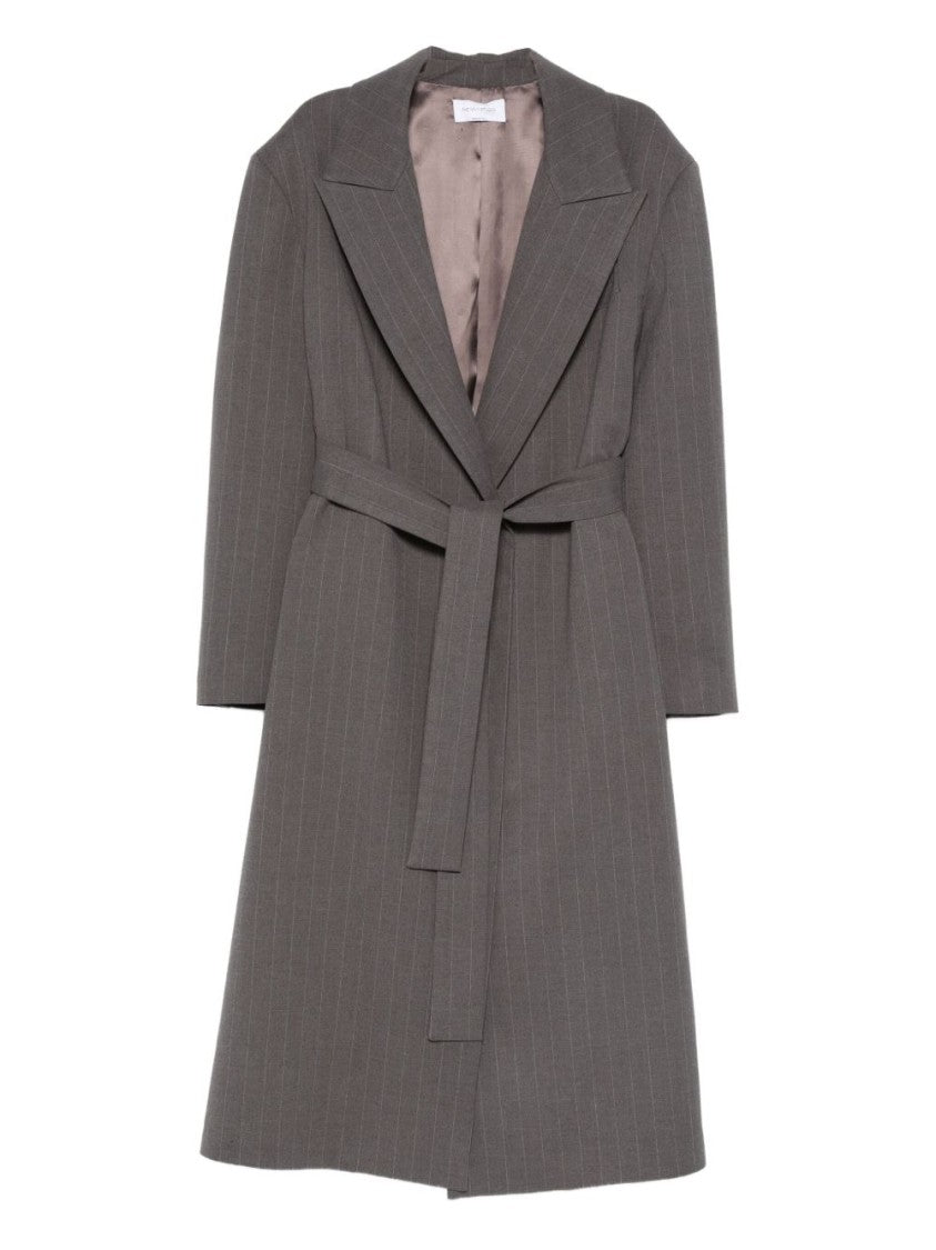 The Nina Studio Pinstripe Belted Coat With Peak Lapels And Tailored Silhouette