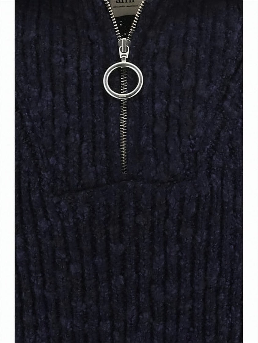 Ami Paris Half-Zip Knit Pullover With Ribbed Texture