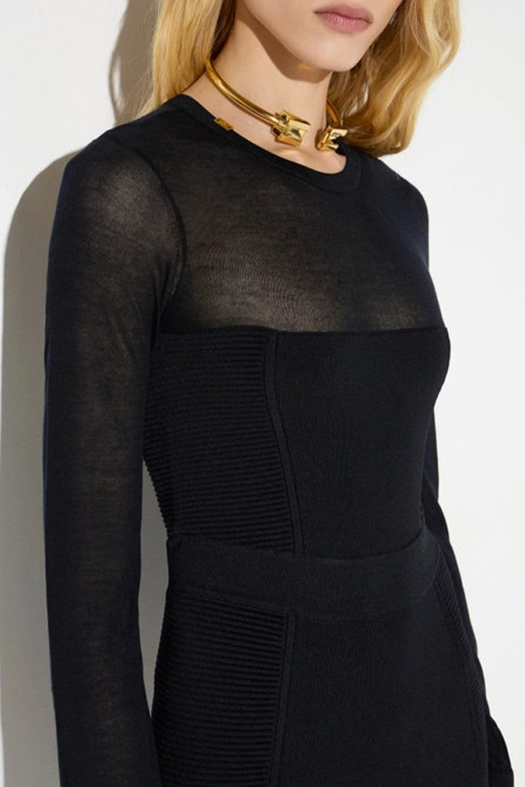 Elisabetta Franchi Black Viscose-Polyamide Blend Sheer-Yoke Midi Dress