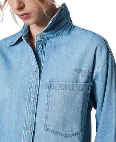 Twinset Actitude Light Denim Shirt With Pleated Cuffs