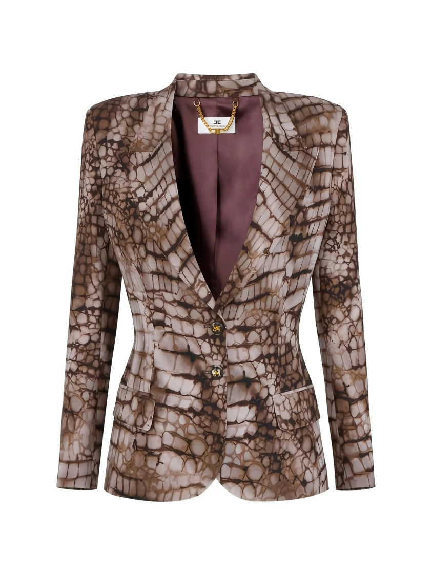 Elisabetta Franchi Tailored Brown Reptile Print Notch Blazer