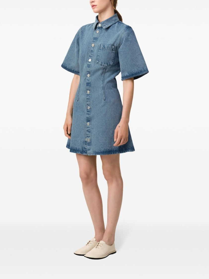Ami Button-Down Blue Dress With Wide Sleeves And Inset Pockets