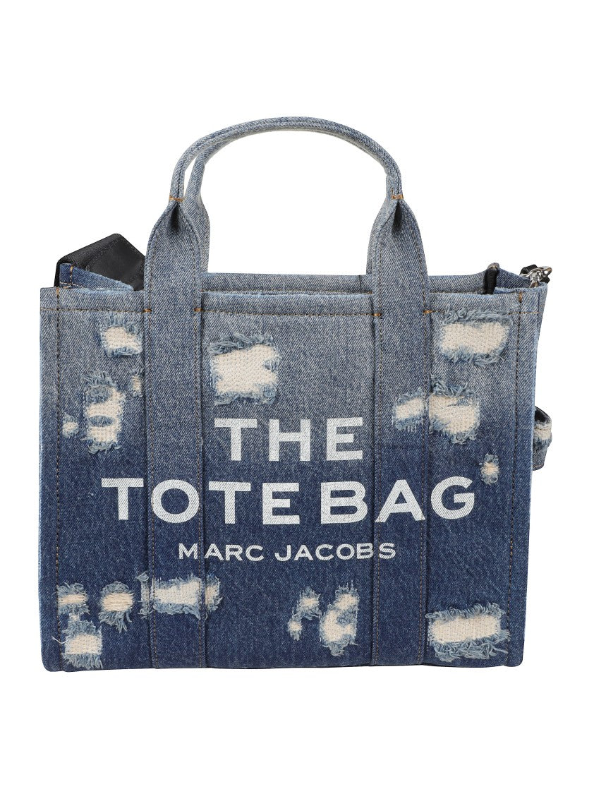 Marc Jacobs Distressed Denim Tote Bag With Bold Logo And Versatile Carrying Options