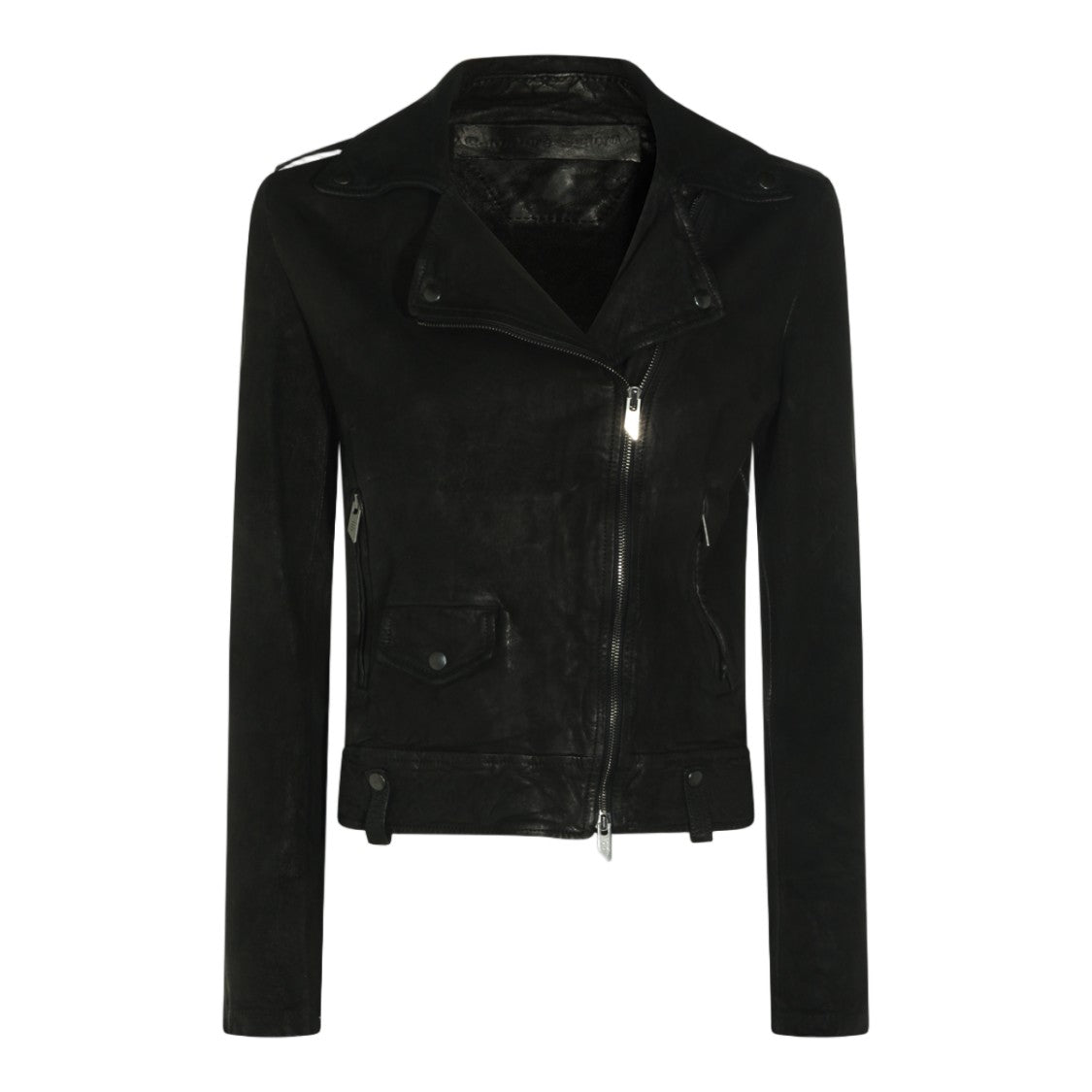 Salvatore Santoro Fitted Asymmetrical Black Leather Jacket With Wide Lapel