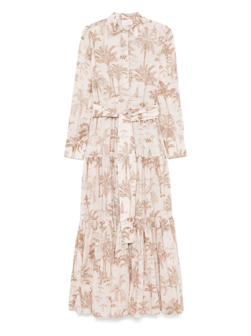 Mc2 Saint Barth Belted Waist Maxi Dress With Buttoned Cuffs And Palm Tree Print