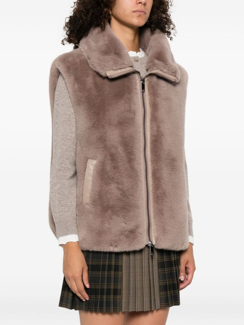 Pinko Beige Faux Fur Vest With High Collar