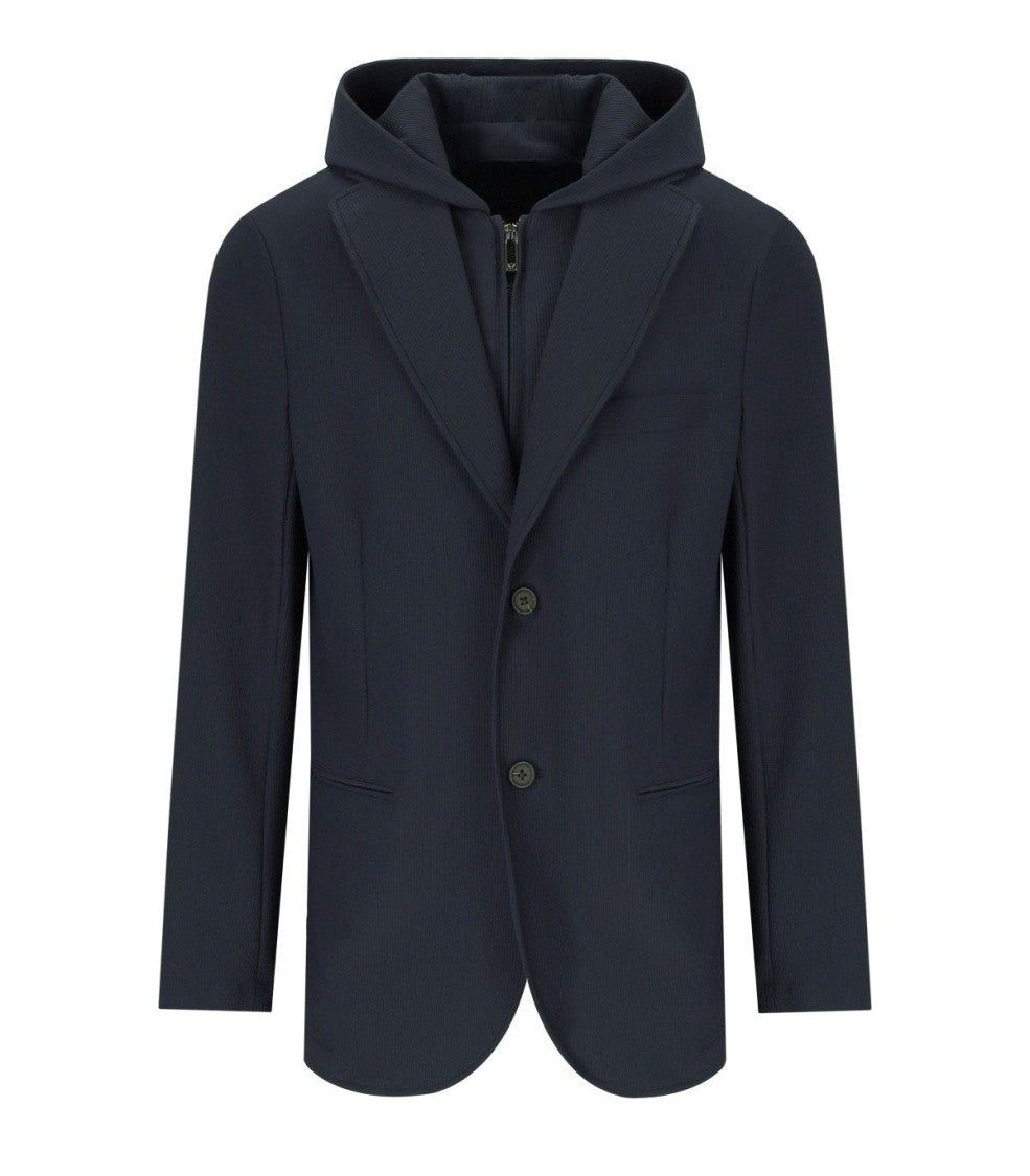 Emporio Armani Navy Blue Ribbed Single-Breasted Hooded Jacket