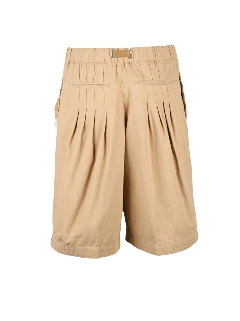 White Sand Beige Pleated Cotton Bermuda Shorts