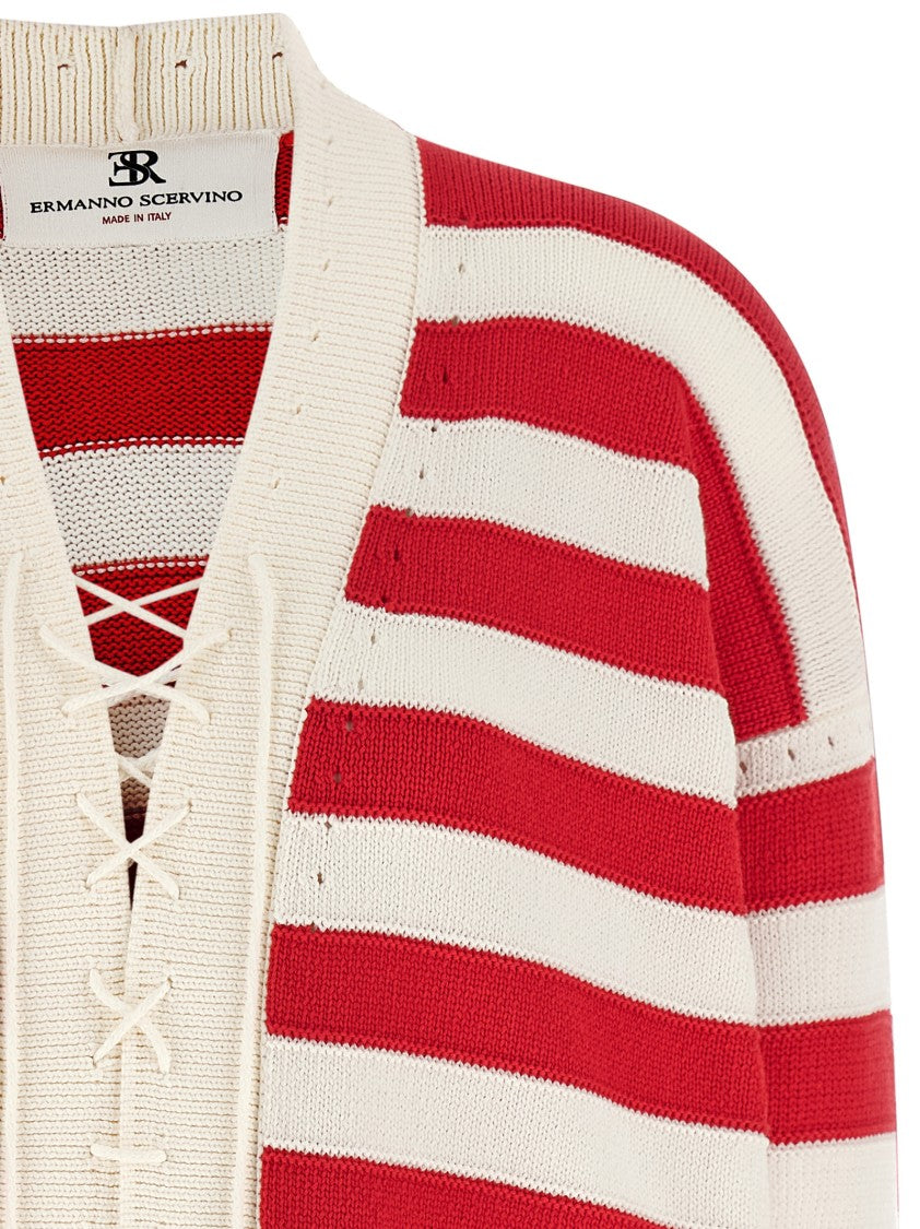 Ermanno Scervino Cotton Blend Crochet Cardigan With Lace Closure And Contrasting Stripes