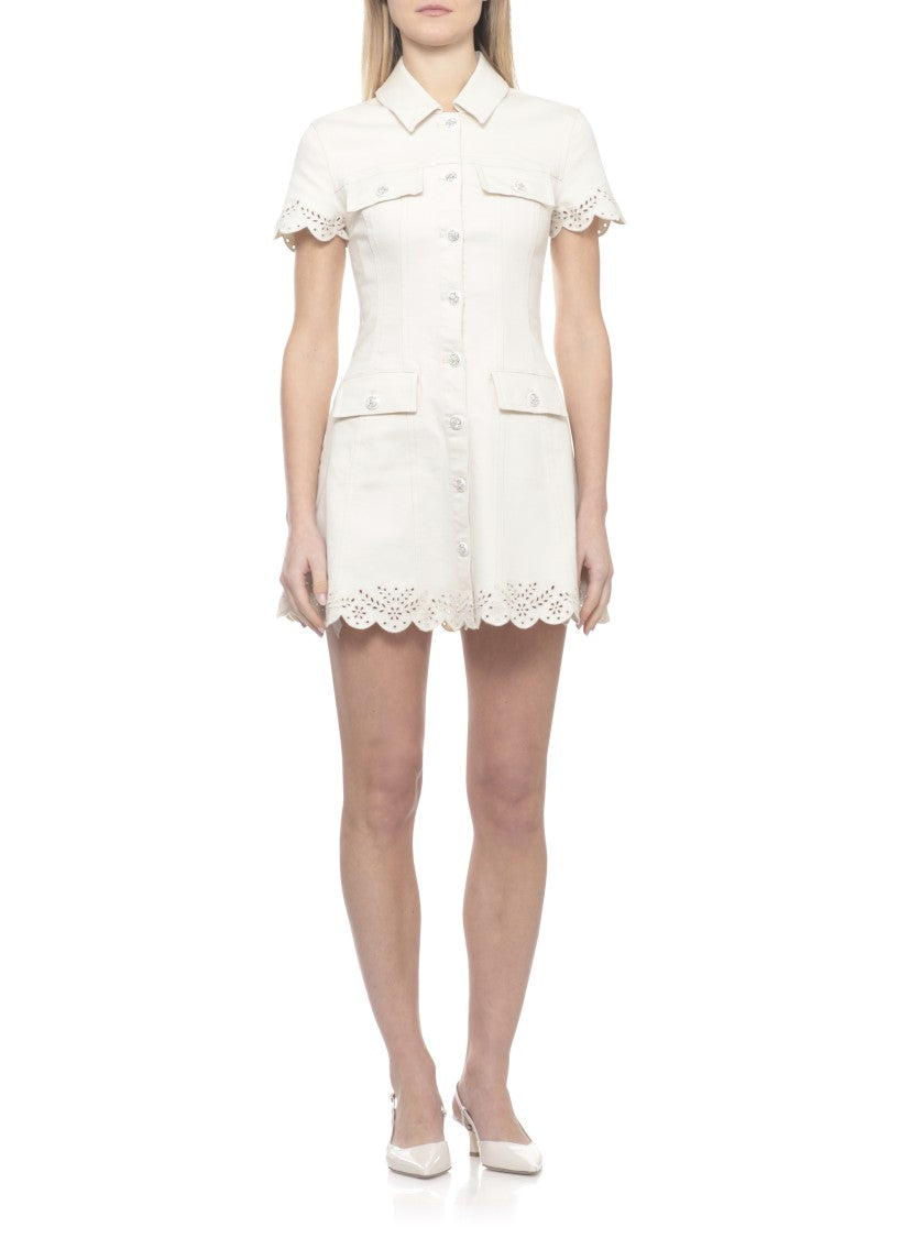 Self-Portrait Ivory Denim Mini Dress With Structured Collar And Lace Trims