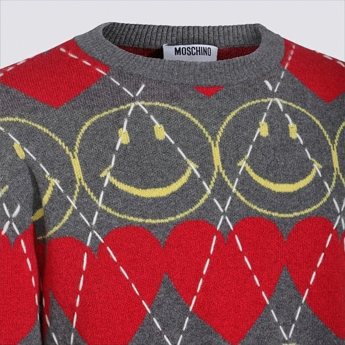 Moschino Grey Argyle Pattern Sweater With Playful Motifs