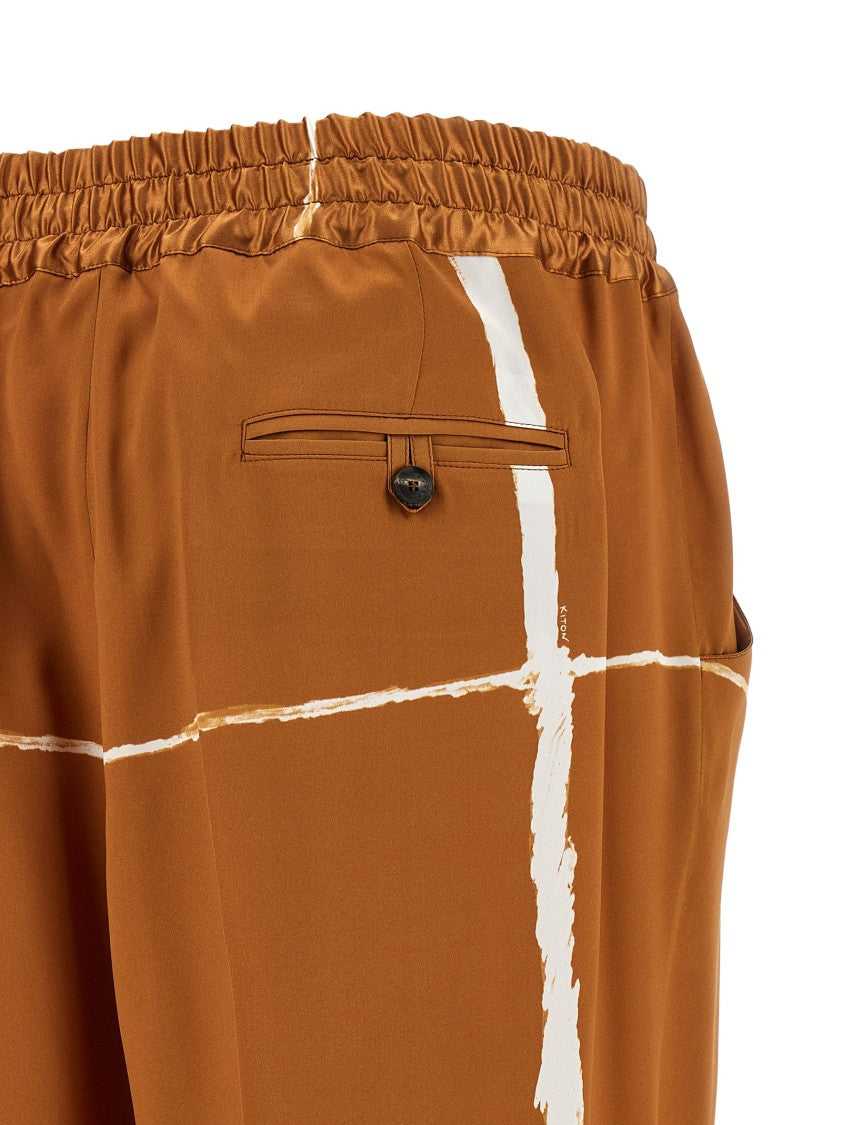 Kiton Stretch Silk Satin Pants With Velvet Logo Waistband