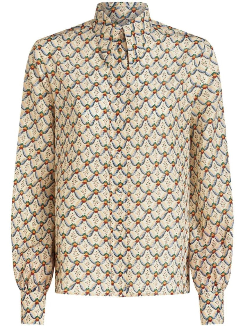 Etro Blue Floral Design Long-Sleeve Silk Shirt