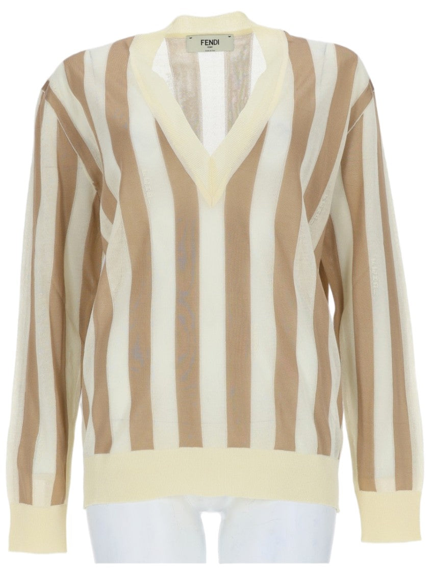Fendi Lightweight Striped Knit Top With V-Neckline And Ribbed Accents