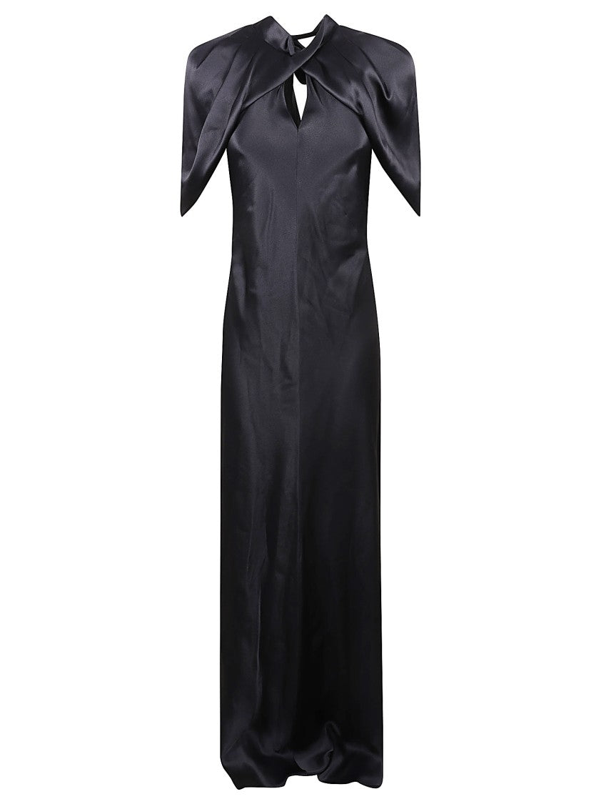 Alberta Ferretti Satin Long Dress With High Collar