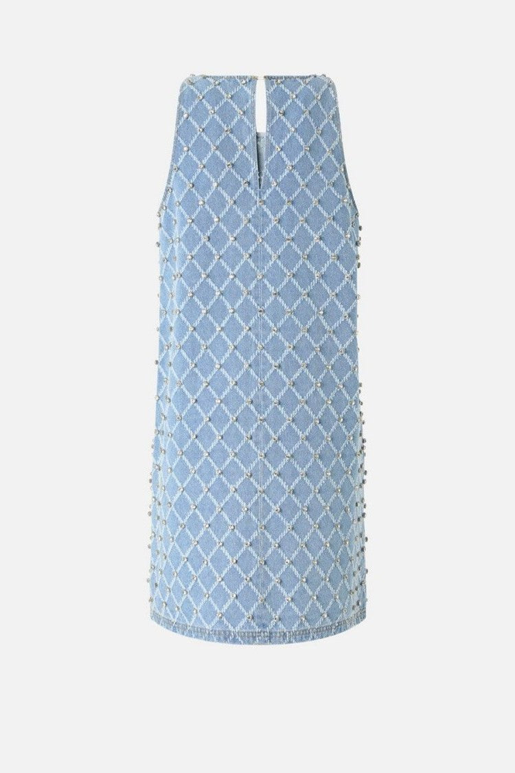 Pinko Light Blue Allover Bead Stud Diamond Lattice Cotton Mini Dress