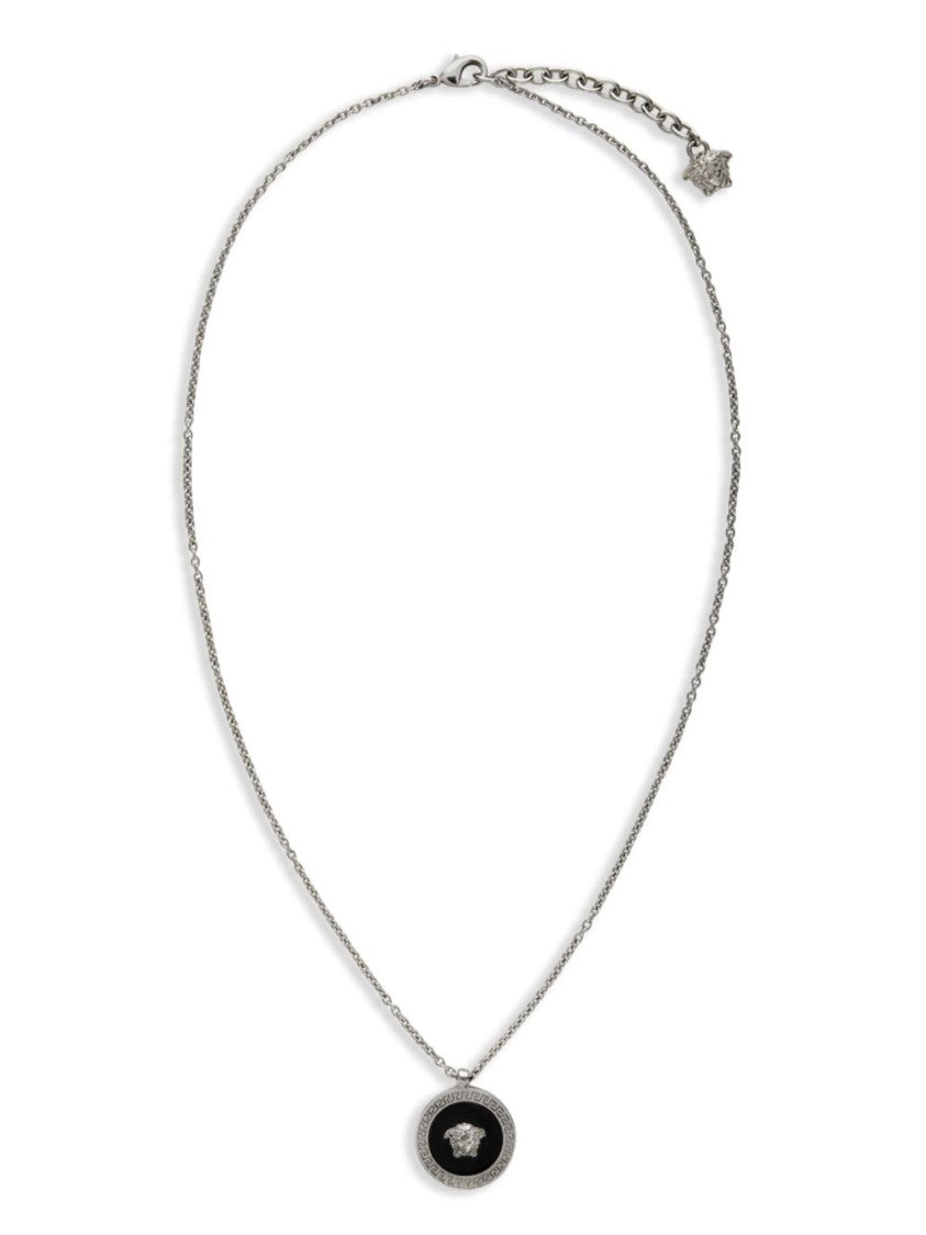 Versace Silver-Tone Chain Necklace With Greek Key Pendant