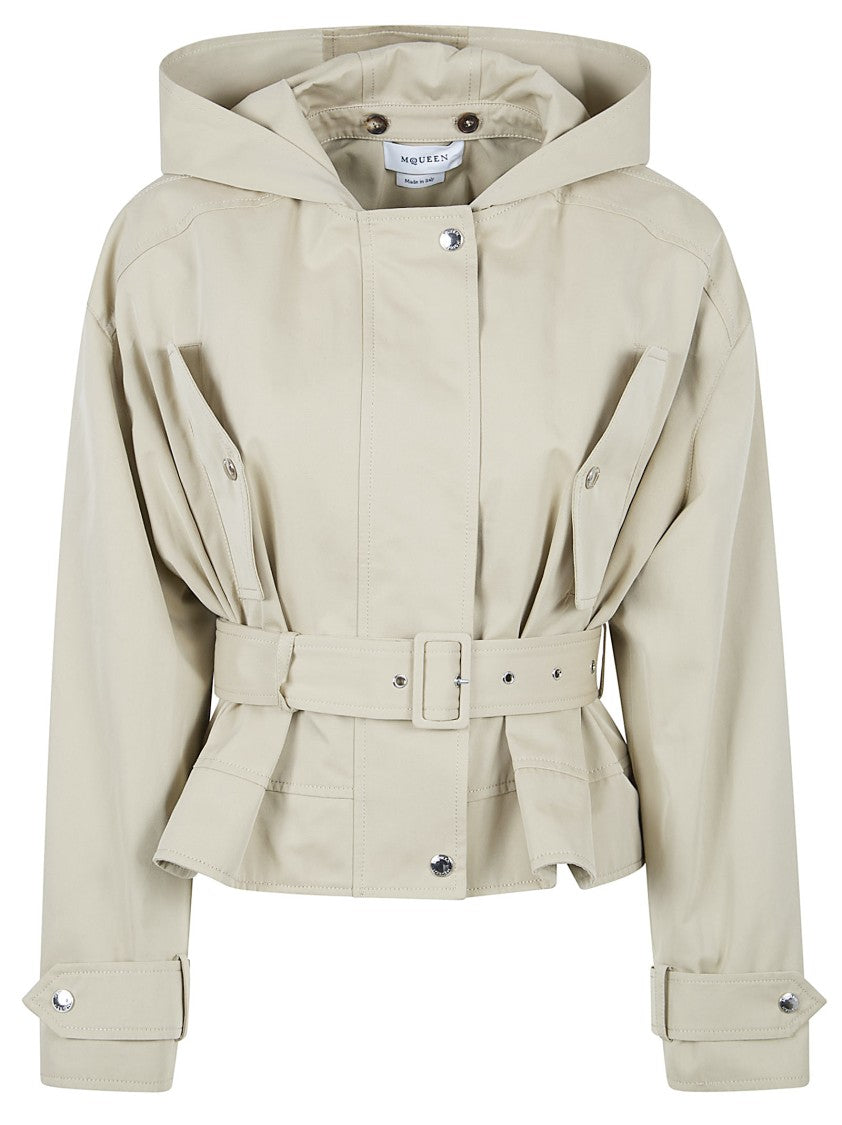 Alexander Mcqueen Short Ruffled Jacket In Light Beige Cotton Gabardine