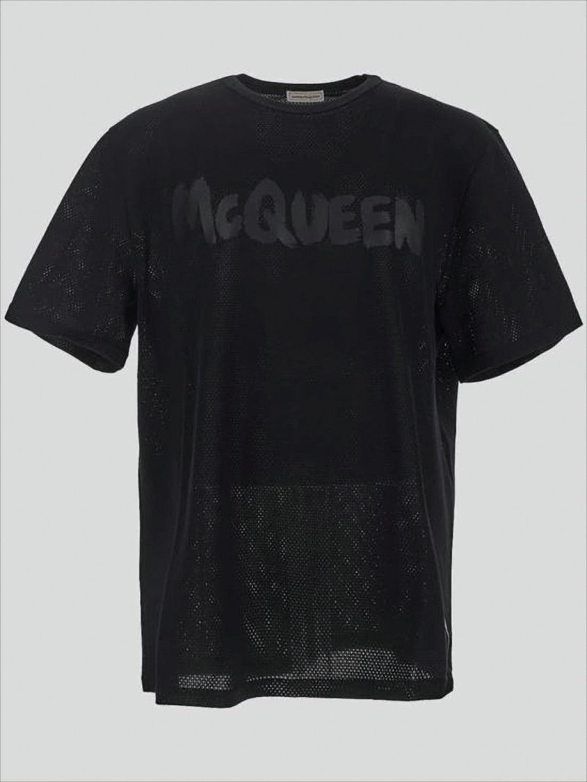 Alexander Mcqueen Black Mesh T-Shirt With Tonal Text Graphic