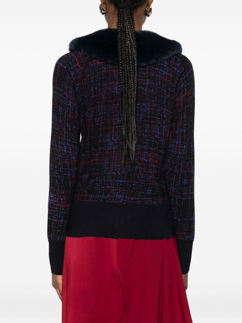 Blugirl Multicolored Tweed Cardigan With Plush Fur Collar