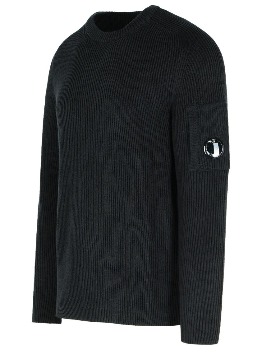 C.P. Company Wide Ribbed Black Cotton Blend Sweatshirt With Zippered Sleeve Pocket