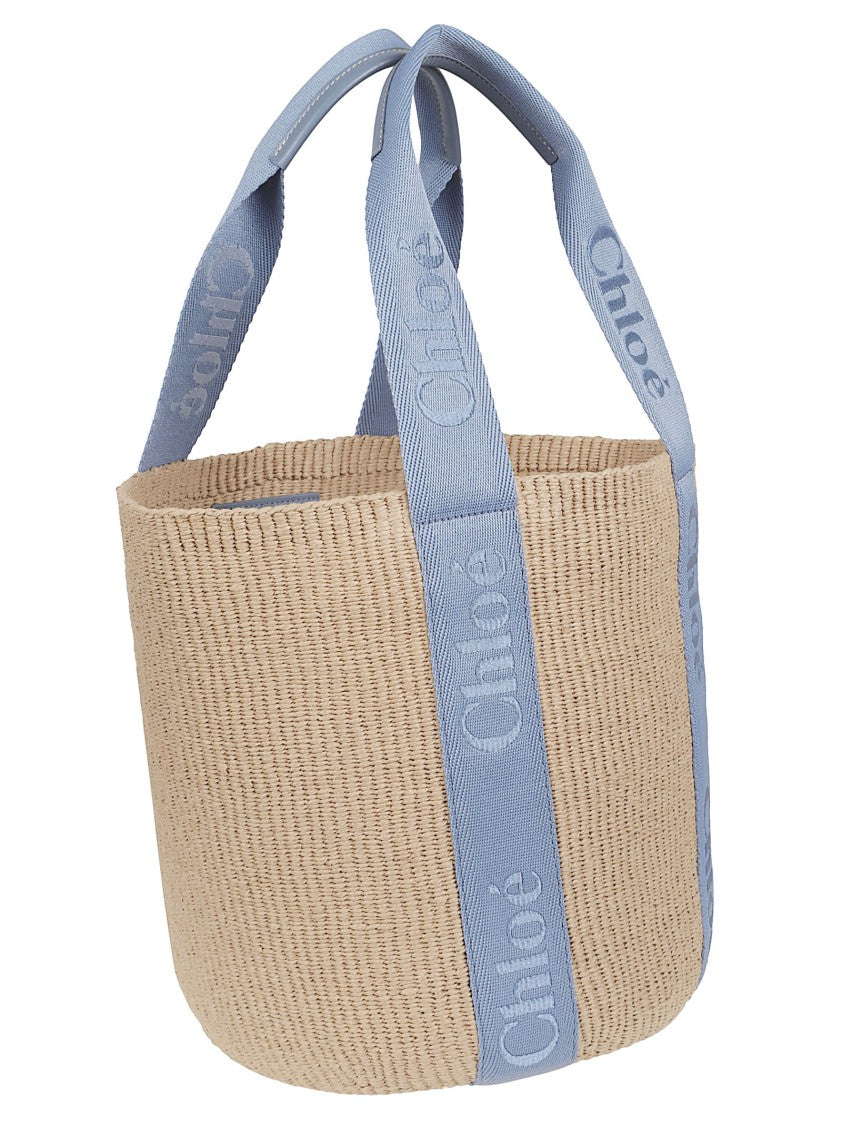Chloé Woven Basket-Style Bag With Light Blue Handles And Embossed Branding