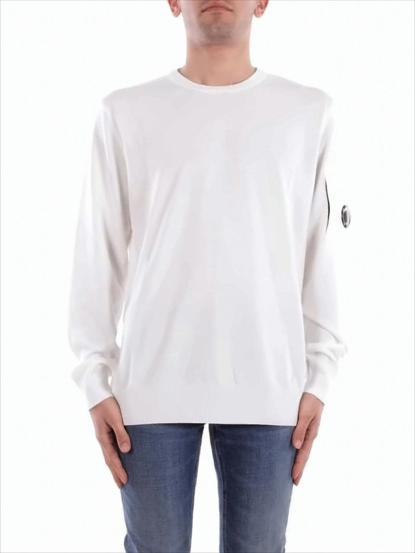 C.P. Company Solid White Minimalist Sweater With Unique Lens Detail