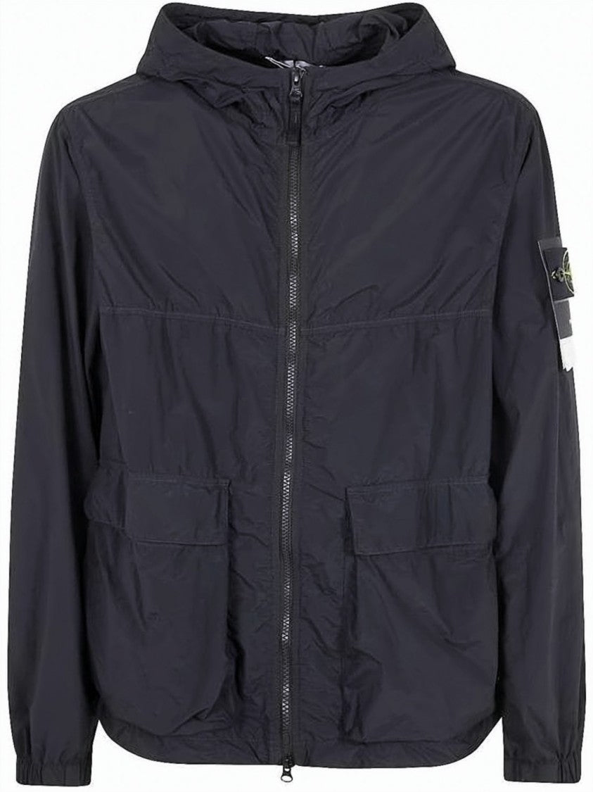 Stone Island Minimalist Black Hooded Jacket With Zipper Closure