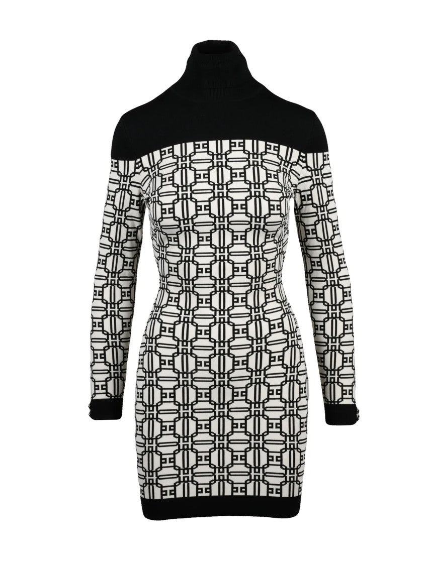 Elisabetta Franchi Black/White Geometric Viscose-Blend Knit Dress