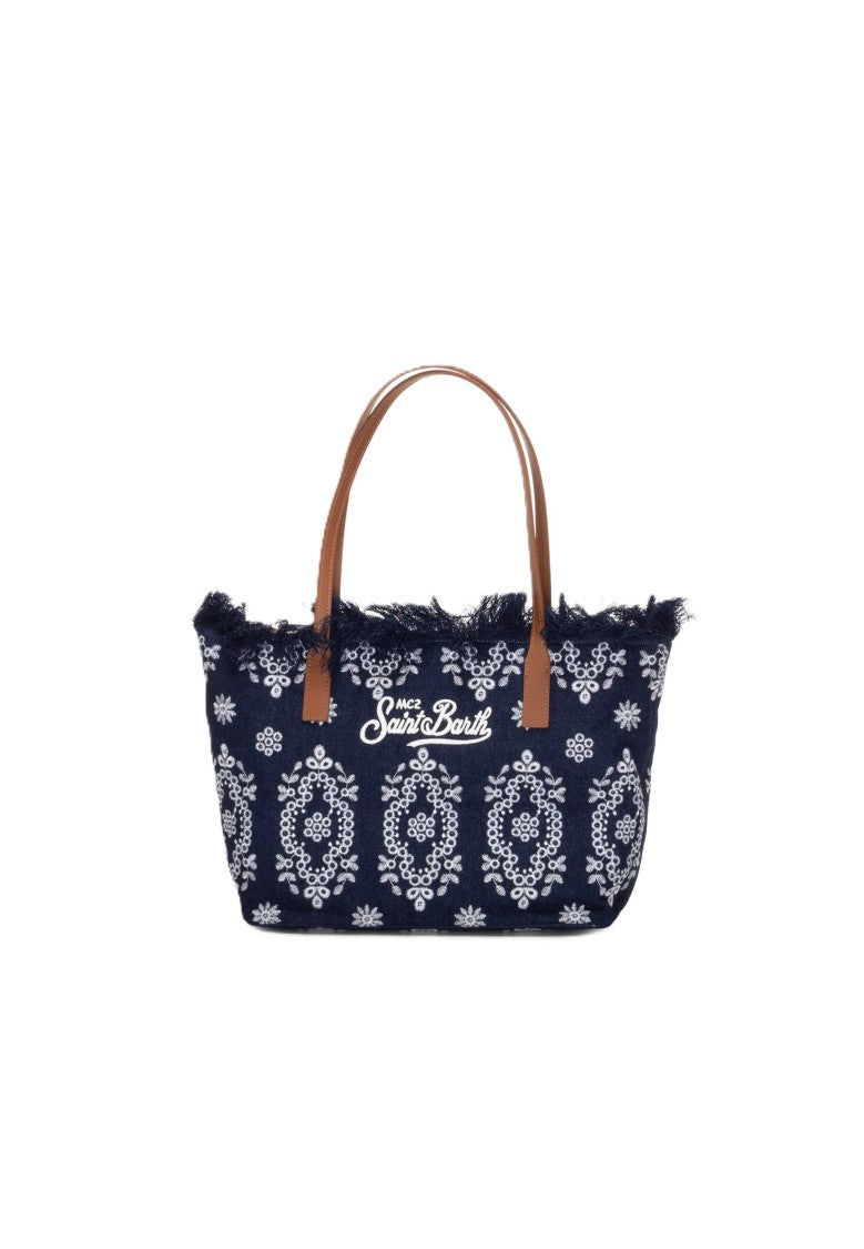 Mc2 Saint Barth Navy Blue Rectangular Tote Bag With Embroidered Details