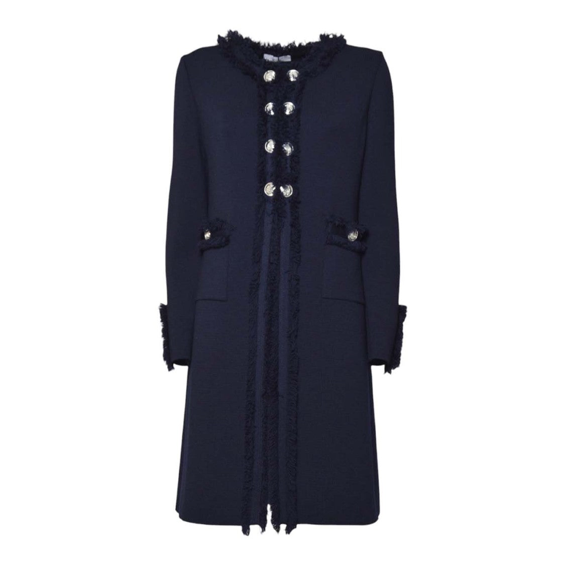 Charlott Tailored Long Coat In Deep Navy Wool With Fringed Trim