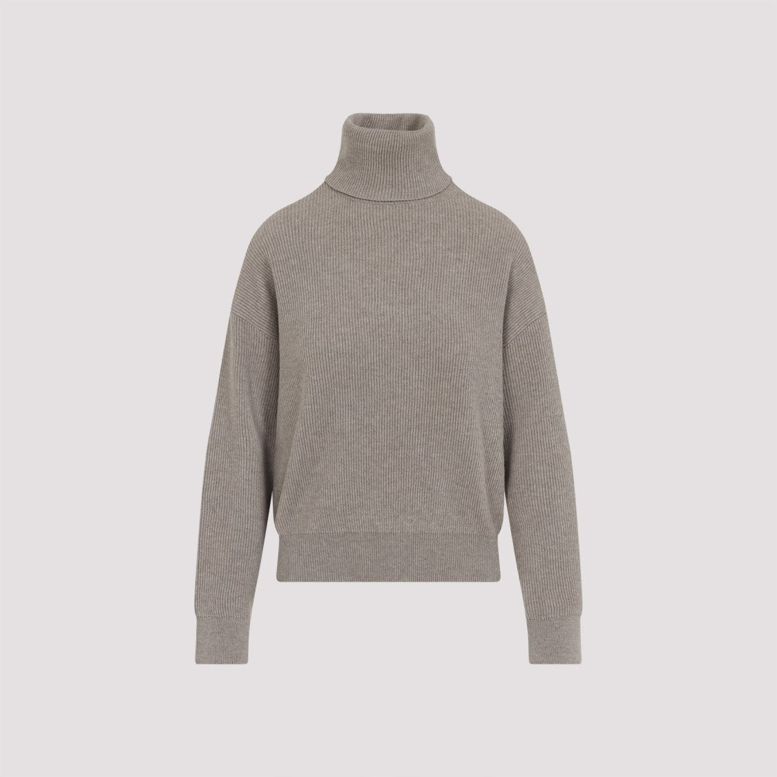 Brunello Cucinelli Beige Wool-Cashmere Turtleneck Pullover With Ribbed Texture